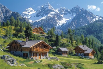 Fototapeta premium A picturesque Swiss village nestled in the mountains, with chalets, snow-covered peaks, and green meadows.