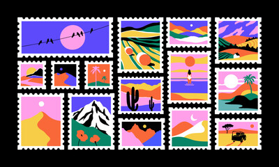 Set of colorful nature landscape post card stamp. Vintage style natural environment scenery postage sticker collection, travel destination, beautiful tourism scenery. Includes mountain, beach view.