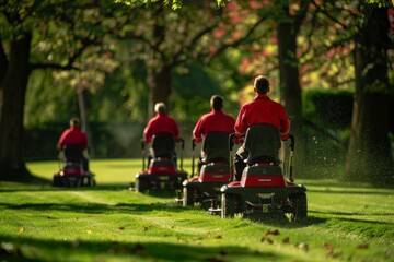 Professional Landscapers with Ride-On Mowers in Public Park During Spring Bloom