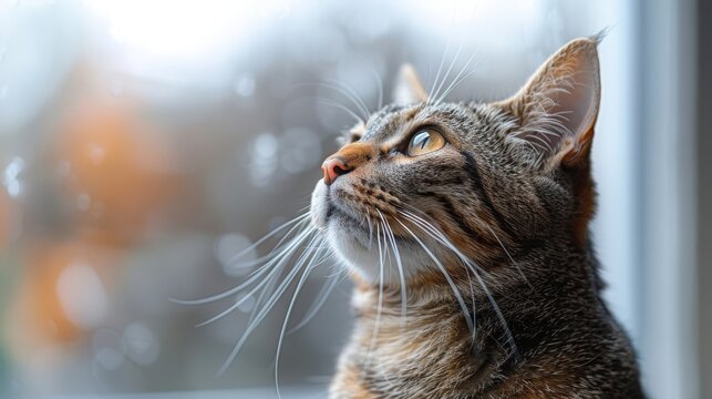 An upright brown tabby Bengal cat stares at you from a silver background.