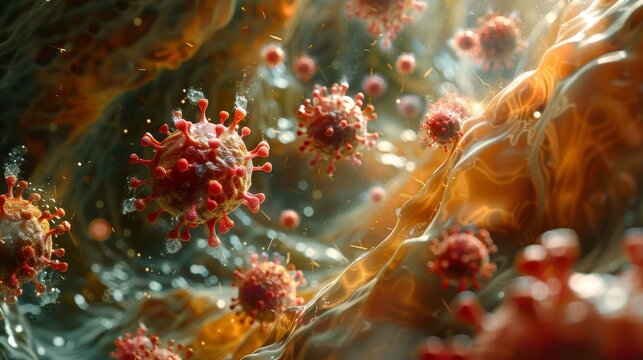 Illustration of a vaccine's journey through a patient's bloodstream in search of hidden virus particles