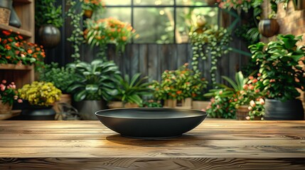   A wooden table holds a bowl with various potted plants surrounding it