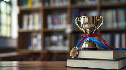 golden award cup on stack of books placed in college library, thirst for knowledge concept