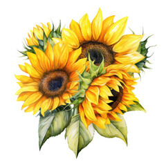 Naklejka premium Watercolor Sunflower Flower, clipart Illustration, Generative Ai
