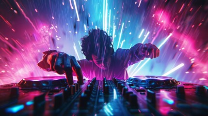 Dynamic energy of a DJ in a low-angle view.