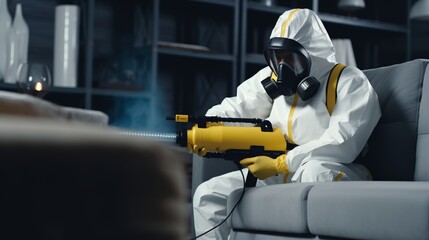 Professional exterminator in protective gear spraying insecticide on cockroaches under sofa