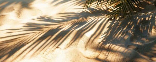 Obraz premium A palm tree casts a shadow on the sand. The shadow is long and thin, stretching across the entire image. The scene is peaceful and serene, with the palm tree providing a sense of calm and relaxation.