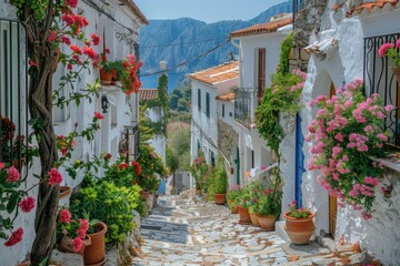 Fototapeta premium A picturesque village in the Mediterranean, with narrow streets, white-washed buildings, and blooming flowers. 
