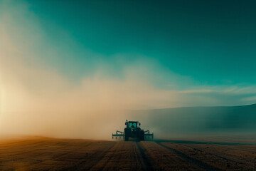 Plowing Tractor at Turquoise Morning: Soil Turner in Open Field