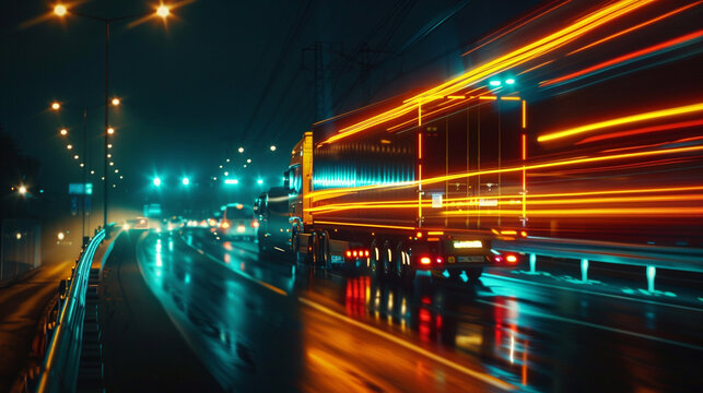 Trucks run on highway in night time. Motion blur, light trails. Transportation and logistics. Timelapse, hyperlapse of transportation, soft glowing lines