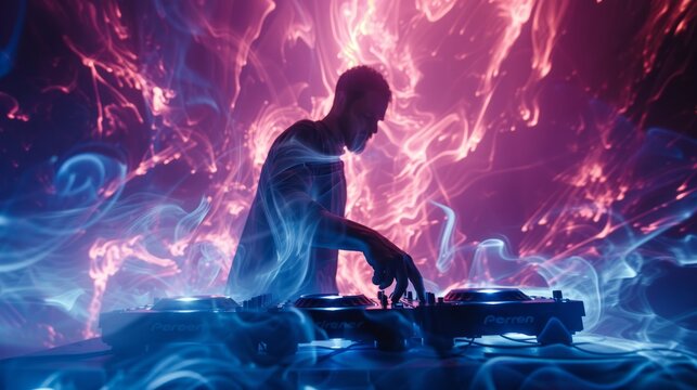 Dynamic energy of a DJ in a low-angle view.