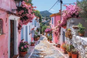 A picturesque village in the Mediterranean, with narrow streets, white-washed buildings, and blooming flowers. 