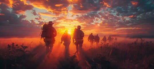 Fototapeta premium Dramatic Image of United States Soldiers Silhouetted at Sunset