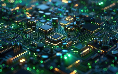 Fototapeta premium Close-up of a glowing circuit board with intricate patterns and blue lighting