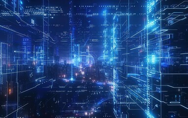 Technology abstract background, futuristic cityscape hologram, transparent blue interfaces, grid patterns, complex data visualization, high-tech design