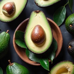 Avocado on dark background. Eating healthy fats and fiber. Top view