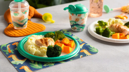 A plate of food with a dinosaur plate mat and a cup with a dinosaur on it