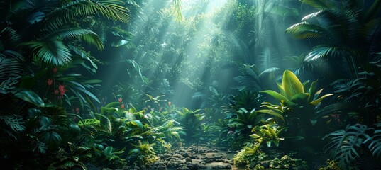 Fototapeta premium Dark Tropical Jungle with Various Exotic Plants and Greenery