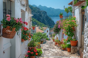 Naklejka premium A picturesque village in the Mediterranean, with narrow streets, white-washed buildings, and blooming flowers. 