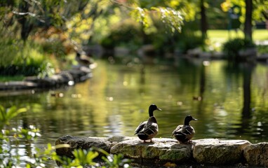 Two ducks resting on a rock by the serene pond in a sunlit park during a clear afternoon