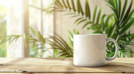 White blank coffee mug kept on the top of wooden table and blurred interior with potted green plant background. Blank coffee cup mug mockup template