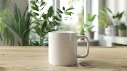 White blank coffee mug placed on the top of wooden table and blurred interior with potted green plant background. Blank coffee cup mug mockup template