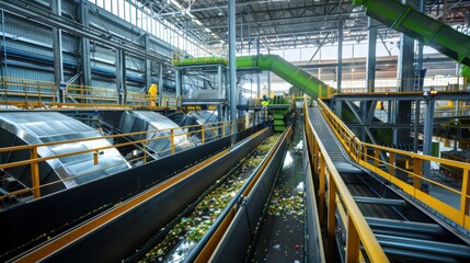 Modern food waste recycling facility, sleek machinery, active workers, conveyor belts