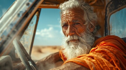 Elderly Man Driving Through Desert Landscape