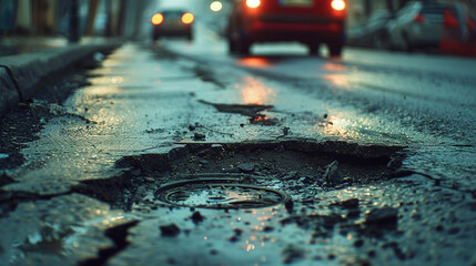 Old damaged pavement road with potholes within the city. Car stopped near pothole on very poor quality street in evening