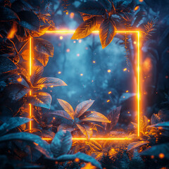 Fototapeta premium Neon Botanical Wall Art with Tropical Plants and Glowing Frame - Modern Home Decor 