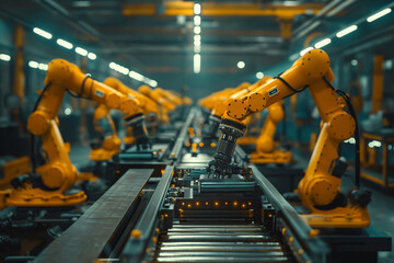 Industrial robots in production line. Ideal for concepts related to automation, manufacturing, and technology advancement.