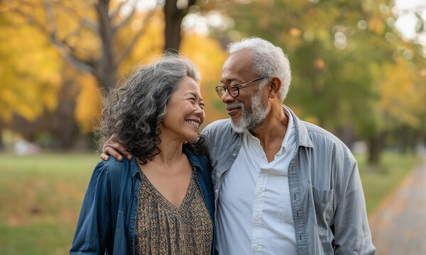 Happy vibrant senior couple smiling and walking together in a park