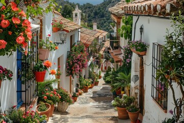 Naklejka premium A picturesque village in the Mediterranean, with narrow streets, white-washed buildings, and blooming flowers. 