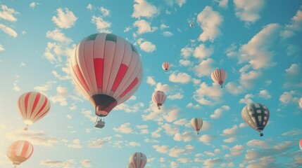 Fototapeta premium Colorful hot air big balloons floating gracefully in a clear sky.