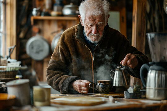 Elderly man enjoying coffee in rustic kitchen. Reflects tranquility and tradition, perfect for lifestyle and culinary themes in editorial and marketing materials