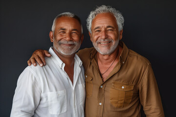 Smiling mature gay couple in casual attire. Perfect image for representing love, companionship, and diversity in advertising, lifestyle blogs, and personal storytelling.