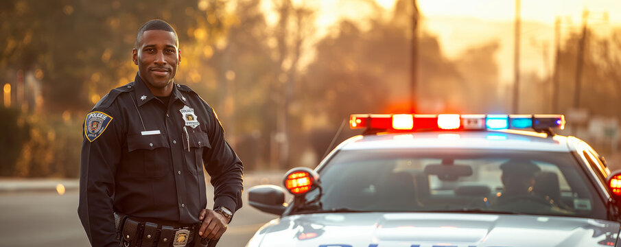 Cheerful policeman poses in front of squad car as the sun sets, symbolizing community safety