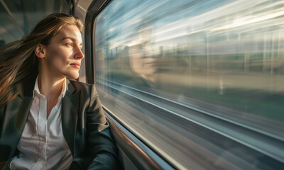 business woman looking out of a train window 