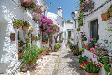 A picturesque village in the Mediterranean, with narrow streets, white-washed buildings, and blooming flowers. 