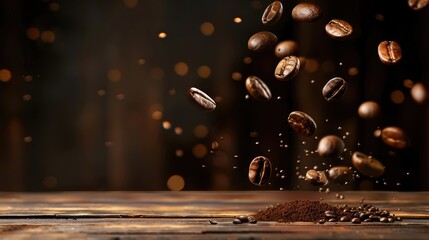 Dark-brown roasted coffee beans in freeze flying in air above wooden tablet against brown background