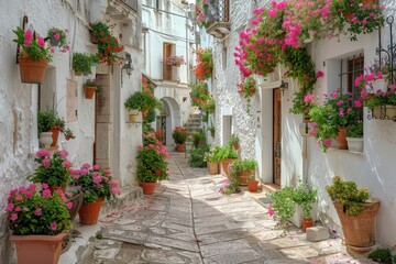 Fototapeta premium A picturesque village in the Mediterranean, with narrow streets, white-washed buildings, and blooming flowers. 