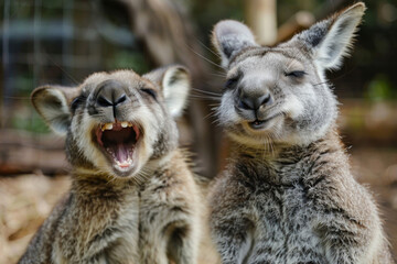 Naklejka premium Two kangaroos with their mouths open, one appearing to laugh and the other smiling, set against a blurred background.