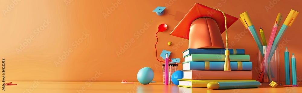Wall mural concept of obtaining higher education. stack of books and graduate cap on a blue background. 3d render. illustration. AI generated illustration - Wall murals