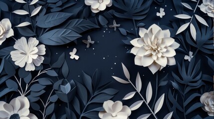Flowers on dark colored background in a paper-cut art style.