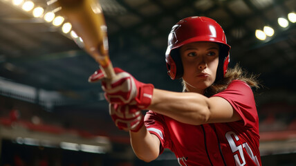 action shot of female softball player swinging a bat.