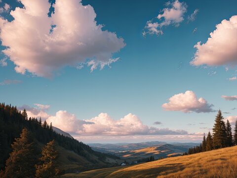 Scenic landscape with rolling hills, trees, and a dramatic sky with clouds