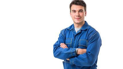 A technical man standing with folded arms and wearing blue a outfit on transparent background