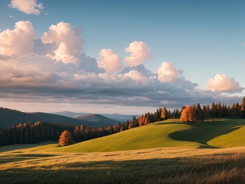 Rolling green hills under a dramatic sky with clouds and autumn trees