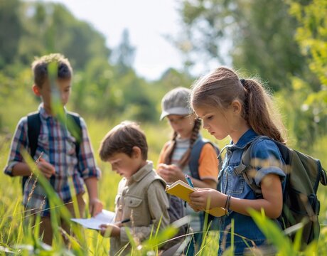  A group of children on a field trip in nature, in their hands holding notebooks and pens. generative ai
