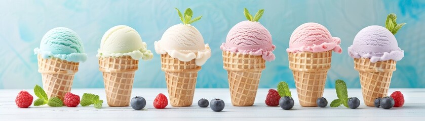 Colorful ice cream cones in assorted flavors with fresh berries and mint leaves on a light blue background. Perfect summer treat concept.